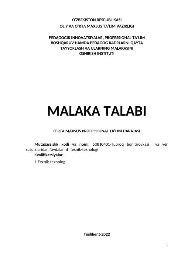 Tuproq bonitirovkasi va yer rusurslaridan foydalanish texnik-texnologi