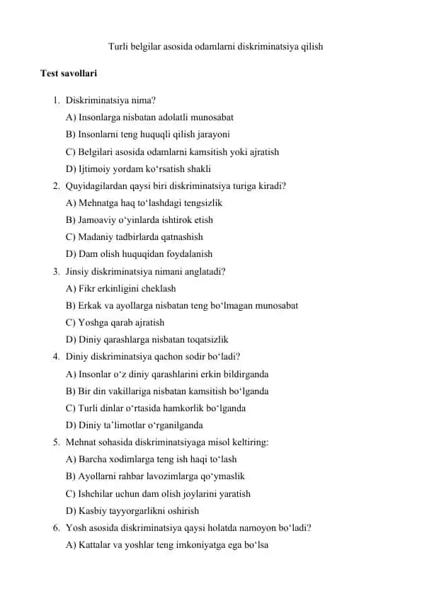 Diskriminatsiya haqida test savollari