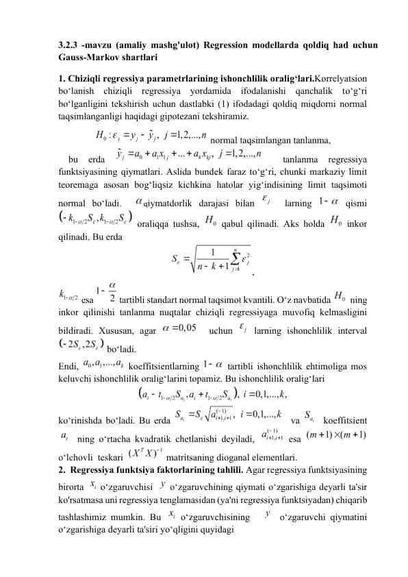 Regression modellarda qoldiq had uchun Gauss-Markov shartlari