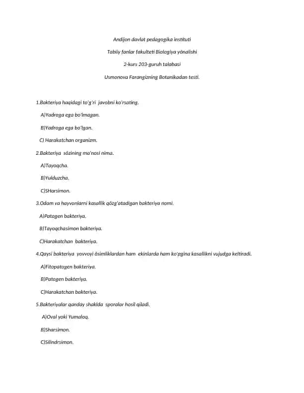 Usmonova Farangizning Botanikadan testi