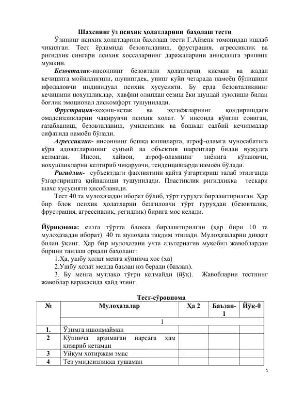 Ўз психик ҳолатларини баҳолаш тести