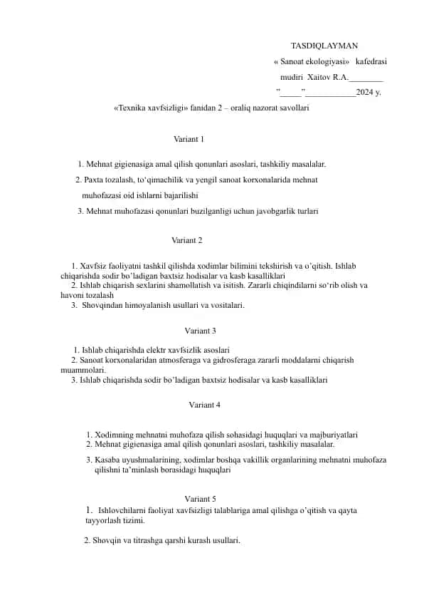 "Texnika xavfsizligi fanidan 2 – oraliq nazorat savollari"