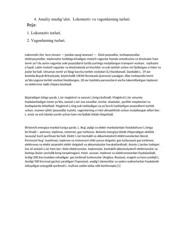 Lokomotiv va vagonlarning turlari.