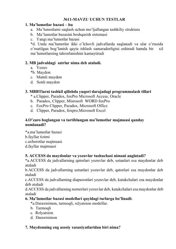 №11-MAVZU UCHUN TESTLAR