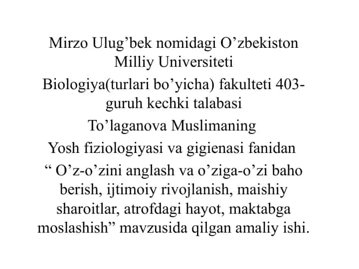 Yosh fiziologiyasi va gigienasi fanidan amaliy ish