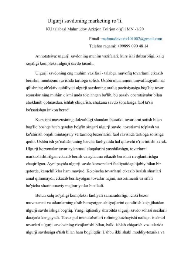 Ulgurji savdoning marketing ro’li
