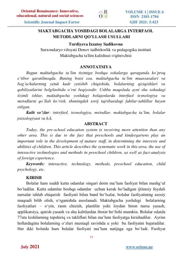 MAKTABGACHA YOSHDAGI BOLALARGA INTERFAOL METODLARNI QO’LLASH USULLARI