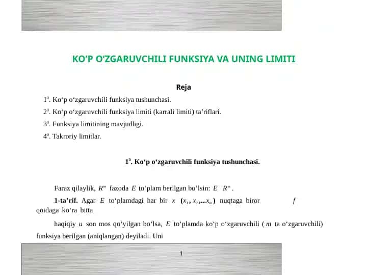 KO‘P O‘ZGARUVCHILI FUNKSIYA VA UNING LIMITI