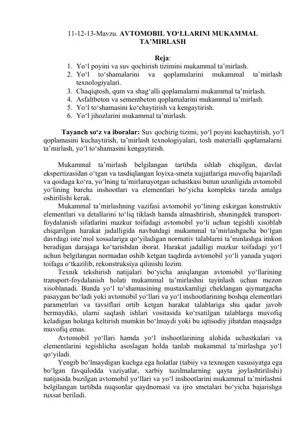 AVTOMOBIL YO‘LLARINI MUKAMMAL TA’MIRLASH