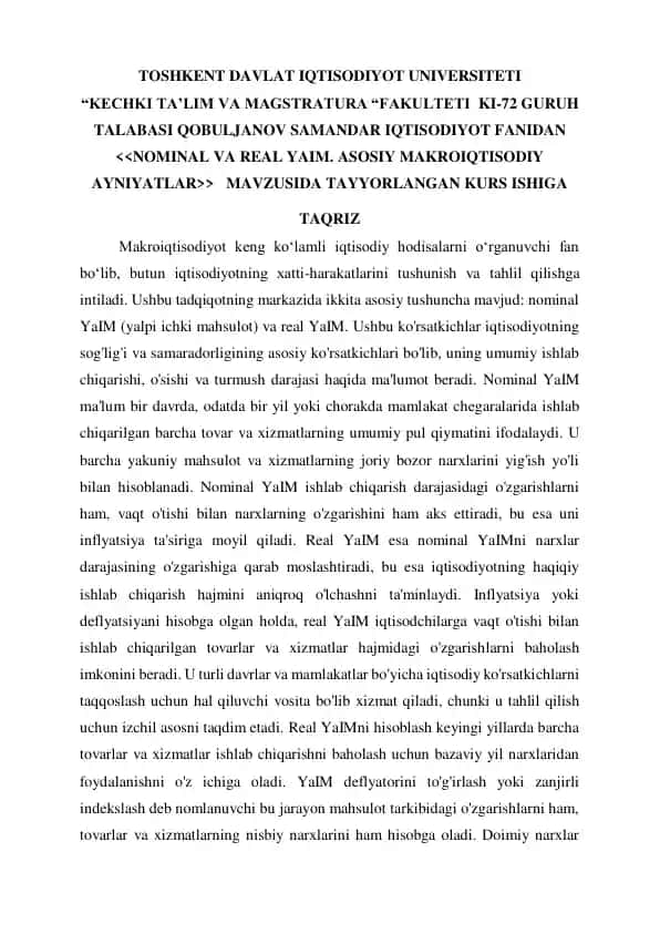 NOMINAL VA REAL YAIM. ASOSIY MAKROIQTISODI AYNIYATLAR