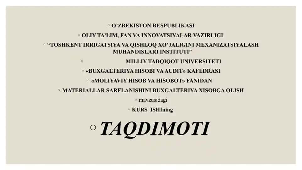 MaterIallar sarflanishini buxgalteriya xisobga olish