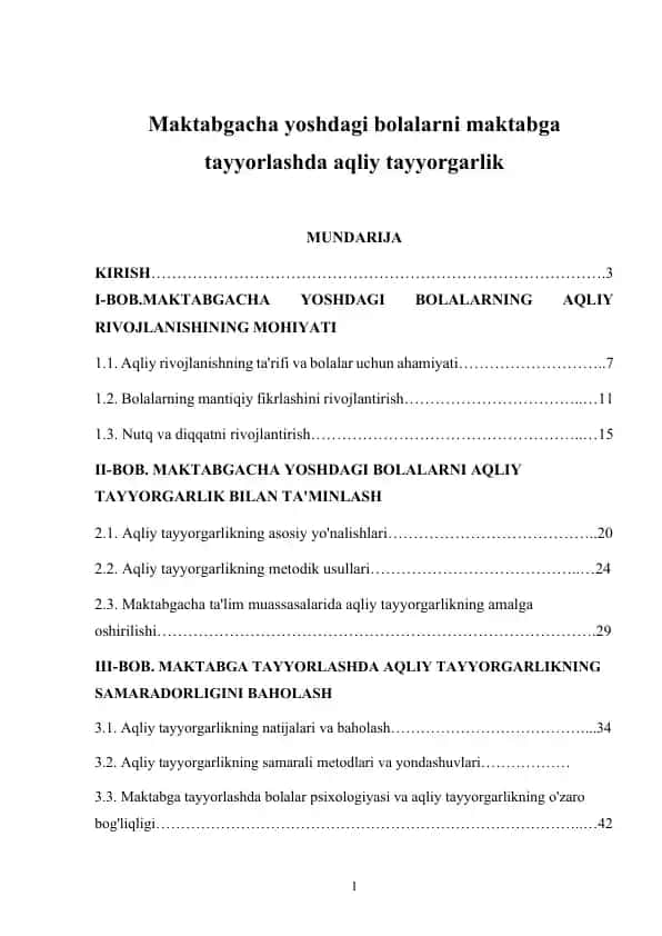 Maktabgacha yoshdagi bolalarni maktabga tayyorlashda aqliy tayyorgarlik