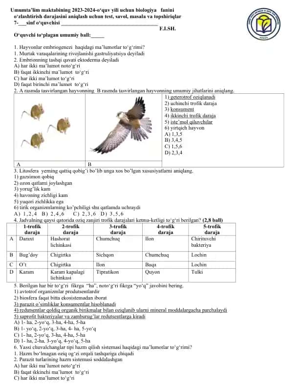 Biologiya fanini o‘zlashtirish uchun test, savol, masala va topshiriqlar