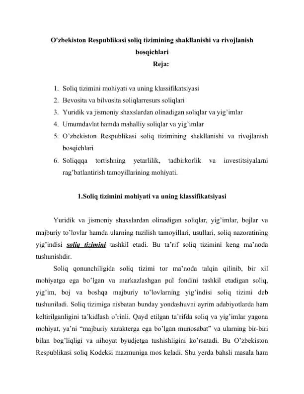 O'zbekiston Respublikasi soliq tizimining shakllanishi va rivojlanish bosqichlari