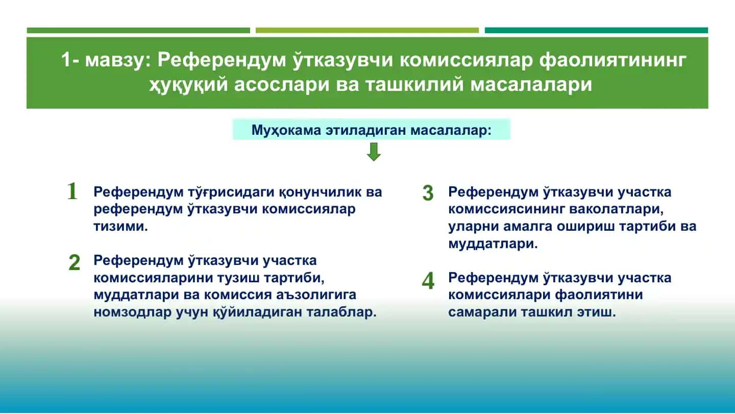 Референдум ўтказувчи комиссиялар фаолиятининг ҳуқуқий асослари ва ташкилий масалалари