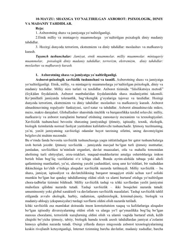 Axborot: Psixologik, Diniy va Madaniy Tahdidlar
