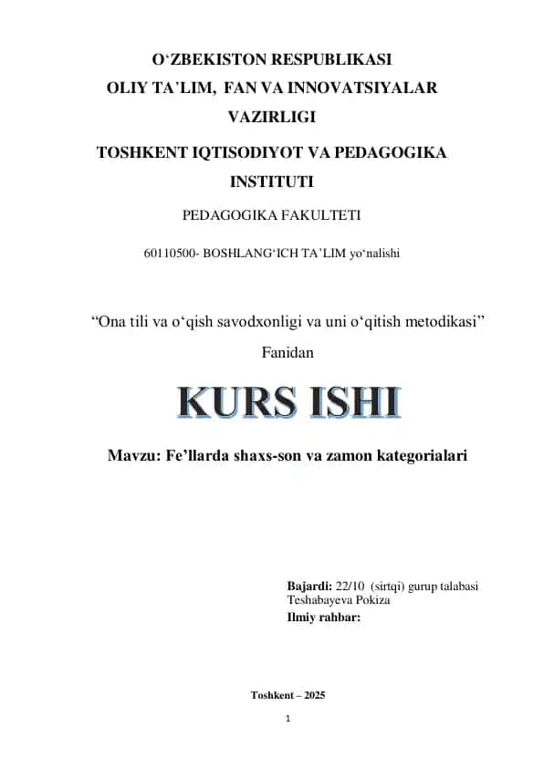“Ona tili va oʻqish savodxonligi va uni oʻqitish metodikasi”