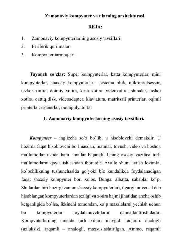 Zamonaviy kompyuter va ularning arxitekturasi