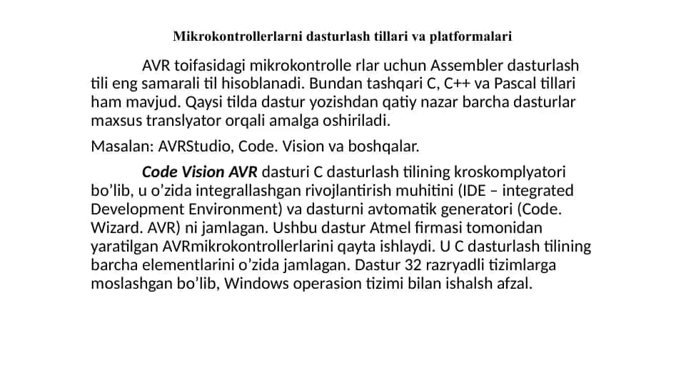 AVRtoifasidagi mikrokontrollerlar uchun Assembler dasturlashtili