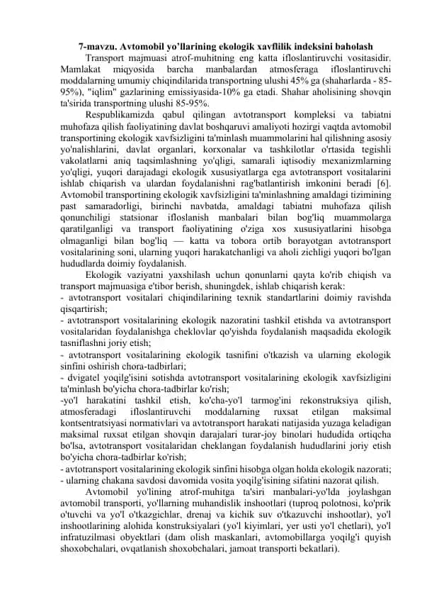 Avtomobil yo’llarining ekologik xavflilik indeksini baholash