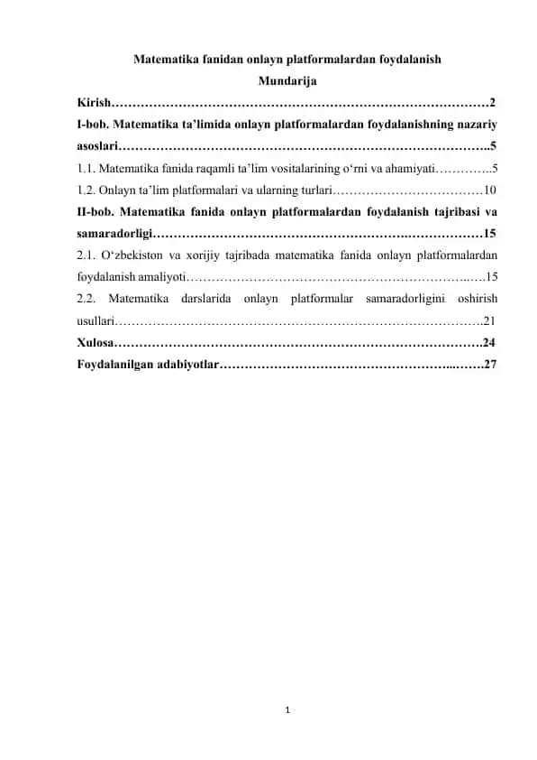 Matematika fanidan onlayn platformalardan foydalanish