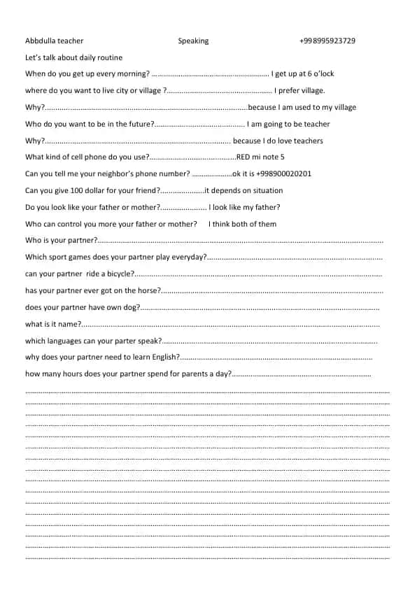Daily Routine Speaking Activity