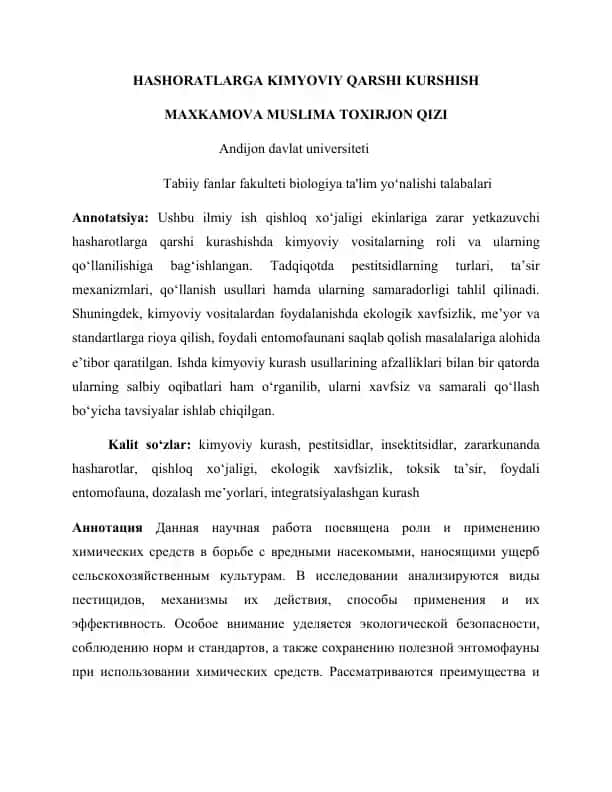 Hashoratlarga kimyoviy qarshi kurshish