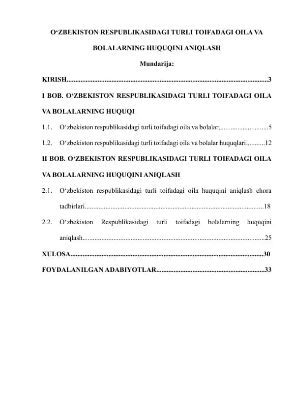 O‘zbekiston respublikasidagi turli toifadagi oila va bolalarning huquqini aniqlash