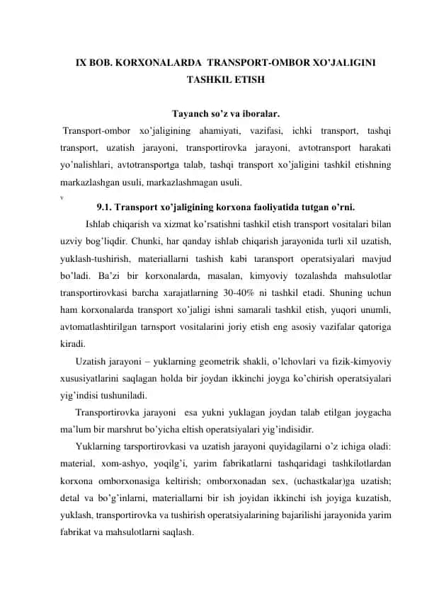 Transport-ombor xo'jaligini tashkil etish