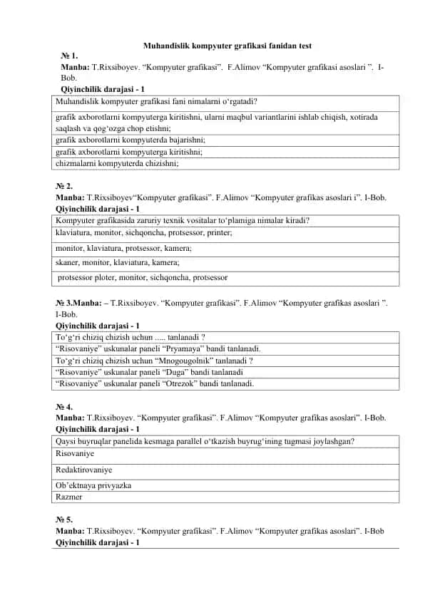 Muhandislik kompyuter grafikasi fanidan test