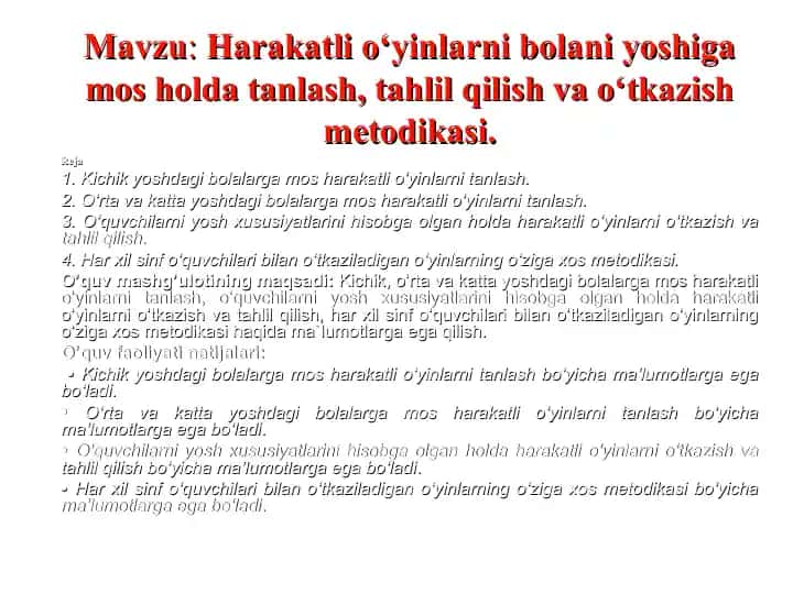 Harakatli o‘yinlarni bolani yoshiga mos holda tanlash, tahlil qilish va o‘tkazish metodikasi