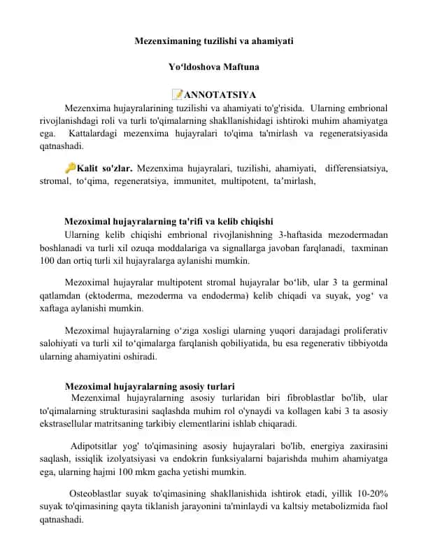 Mezenxima tuzilishi va ahamiyati