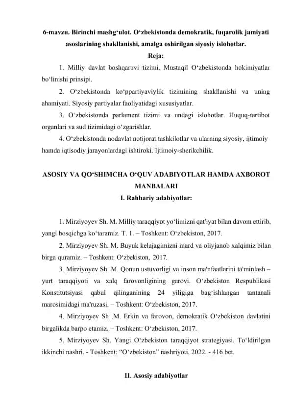 O‘zbekistonda demokratik, fuqarolik jamiyati asoslarining shakllanishi, amalga oshirilgan siyosiy islohotlar