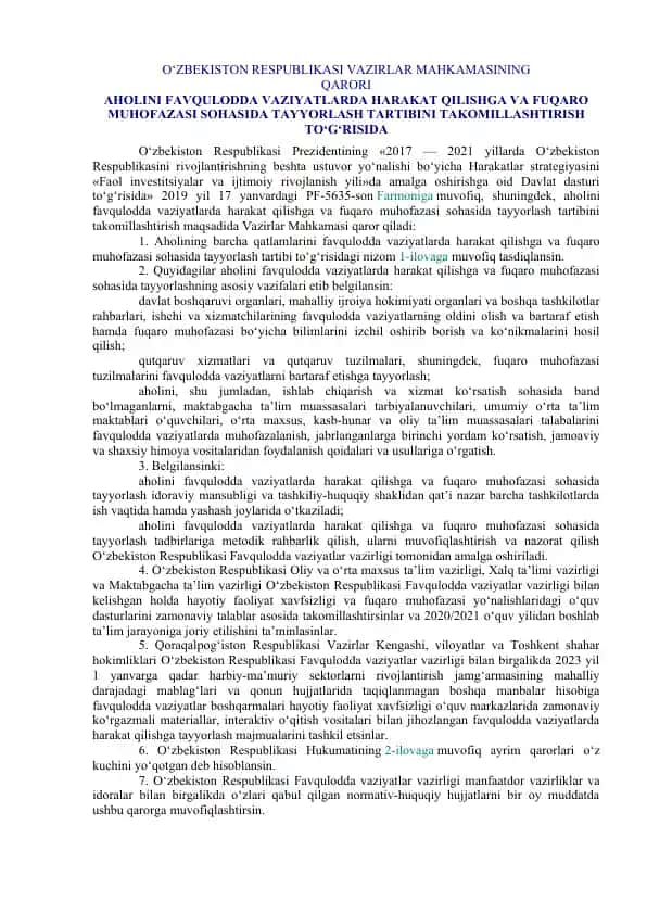 Aholini favqulodda vaziyatlarda harakat qilishga va fuqaro muhofazasi sohasida tayyorlash