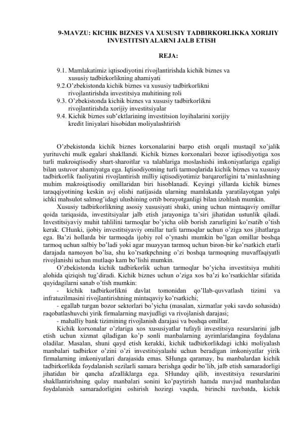 Kichik Biznes va Xususiy Tadbirkorlikga Xorijiy Investitsiyalarni Jalb Etish