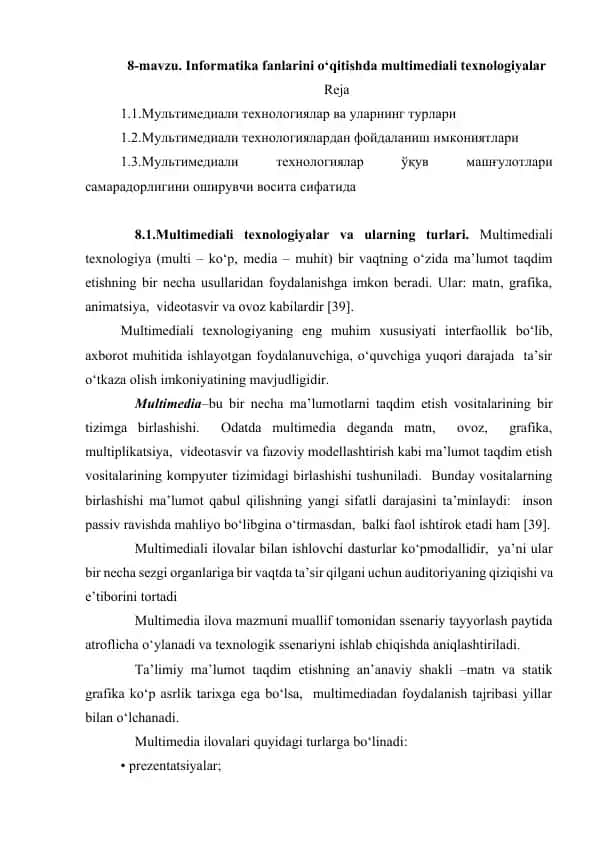 Informatika fanlarini o‘qitishda multimediali texnologiyalar
