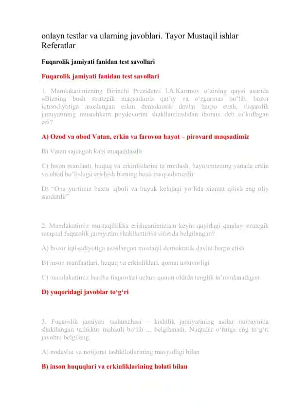 Fuqarolik jamiyati fanidan test savollari