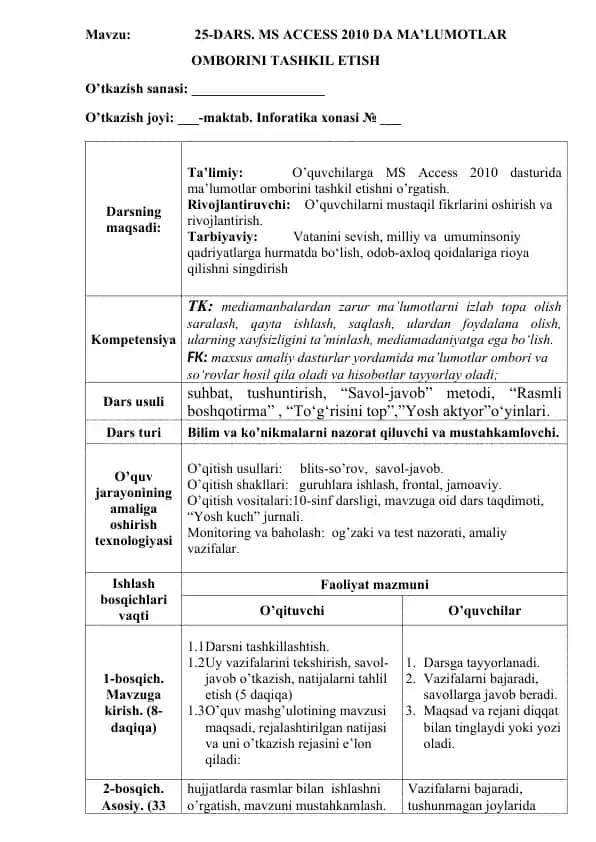 MS ACCESS 2010 da ma'lumotlar omborini tashkil etish