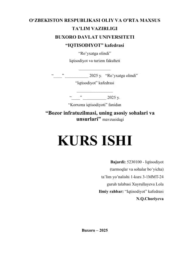 Kurts ishi - Bozor infratuzilmasi, uning asosiy sohalari va unsurlari
