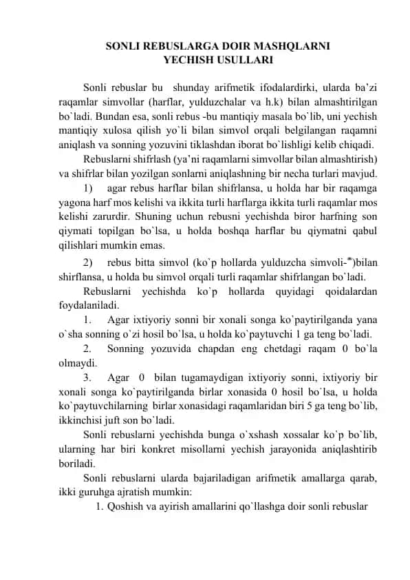 Sonli Rebuslarga Doir Mashqlar