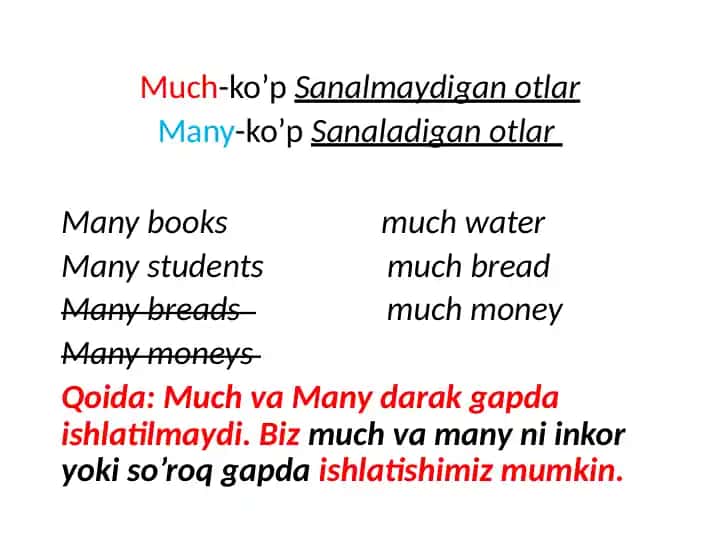 Much va Many: ko‘p sanalmaydigan va sanaladigan otlar taqdimoti