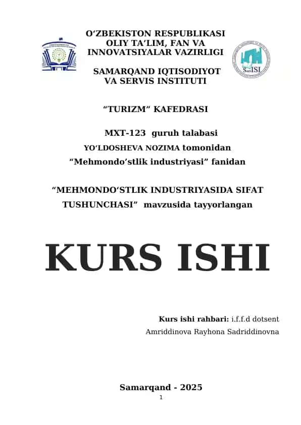 “MEHMONDO’STLIK INDUSTRIYASIDA SIFAT TUSHUNCHASI” KURS ISHI