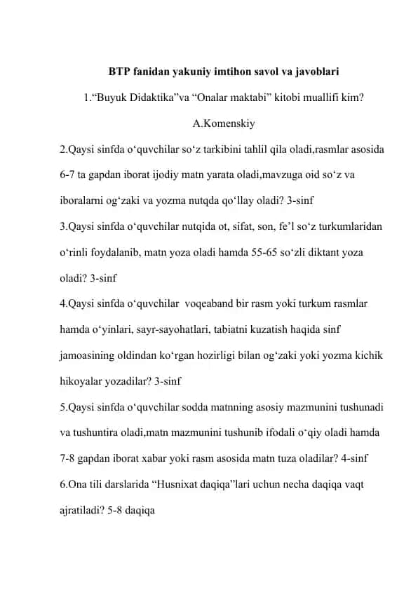 BTP fanidan yakuniy imtihon savol va javoblari