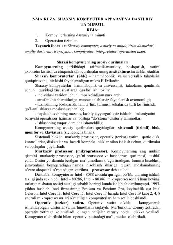 Shaxsiy kompyuter apparat va dasturiy ta’minoti