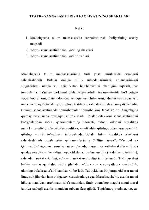 TEATR - SAXNALASHTIRISH FAOLIYATINING SHAKLLARI