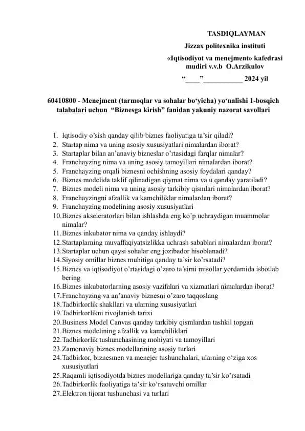 "Biznesga kirish" fanidan yakuniy nazorat savollari