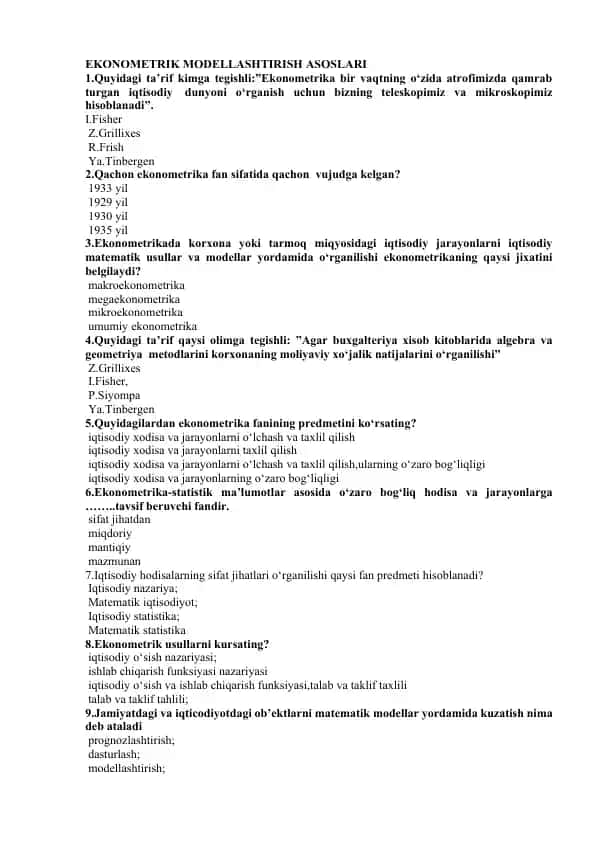 EKONOMETRIK MODELLASHTIRISH ASOSLARI