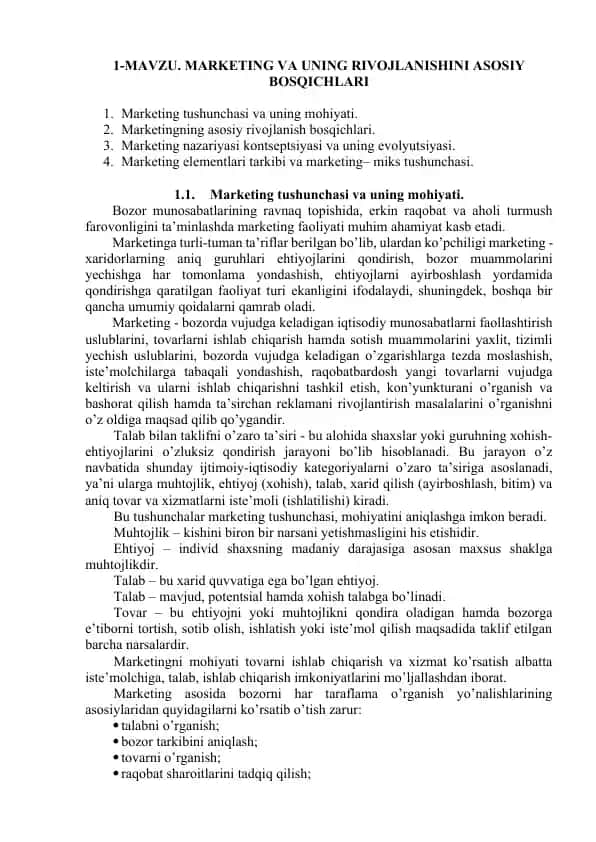 Marketingning tushunchasi va rivojlanishi