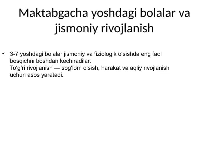 Maktabgacha yoshdagi bolalar va jismoniy rivojlanish