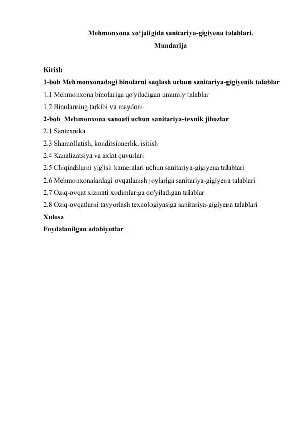 Mehmonxona xo‘jaligida sanitariya-gigiyena talablari